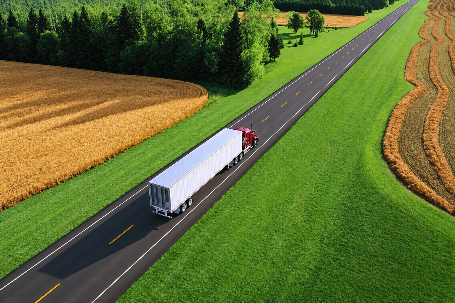 Vue aérienne d’un camion rouge tirant une remorque blanche sur une route droite bordée de champs verts et dorés.
